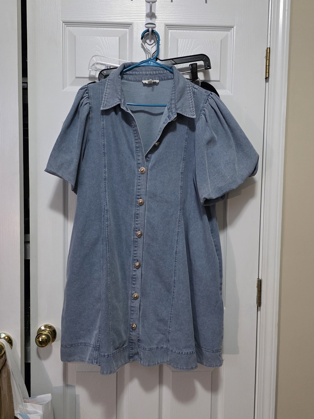 entro Light Blue Denim Button-Front Dress with Puff Sleeves